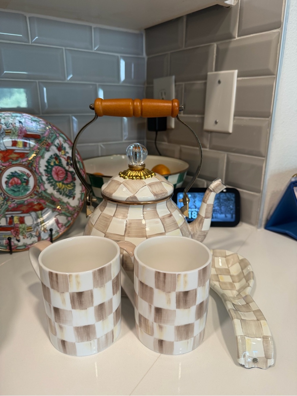 Mackenzie Childs Mocha Check Tea Kettle, Mugs, and Spoon Rest